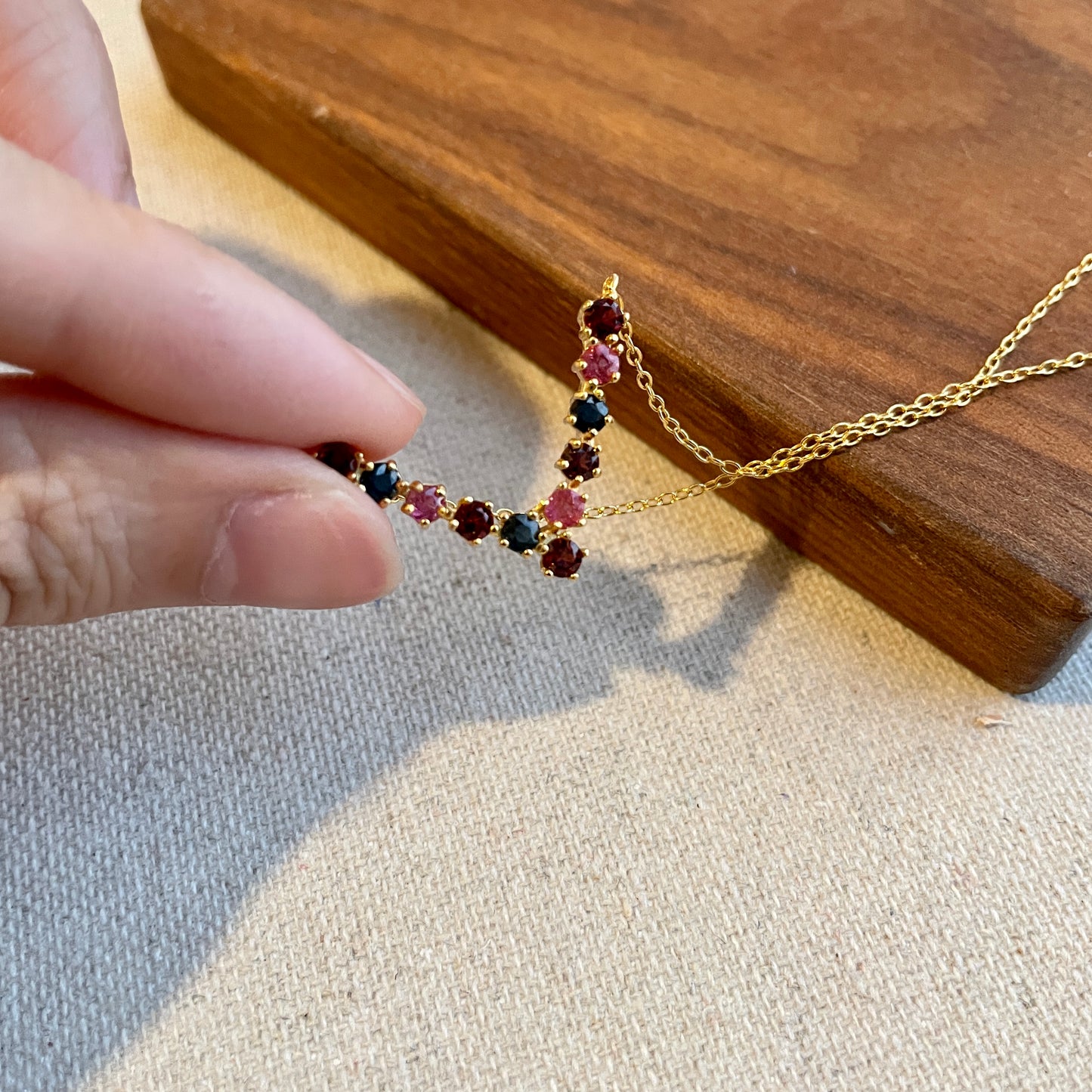 Sapphire Mixed With Garnet And Tourmaline V-shaped Gold-plated Necklace