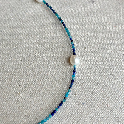 Apatite Lapis Mixed Freshwater Pearl Beaded Choker Necklace