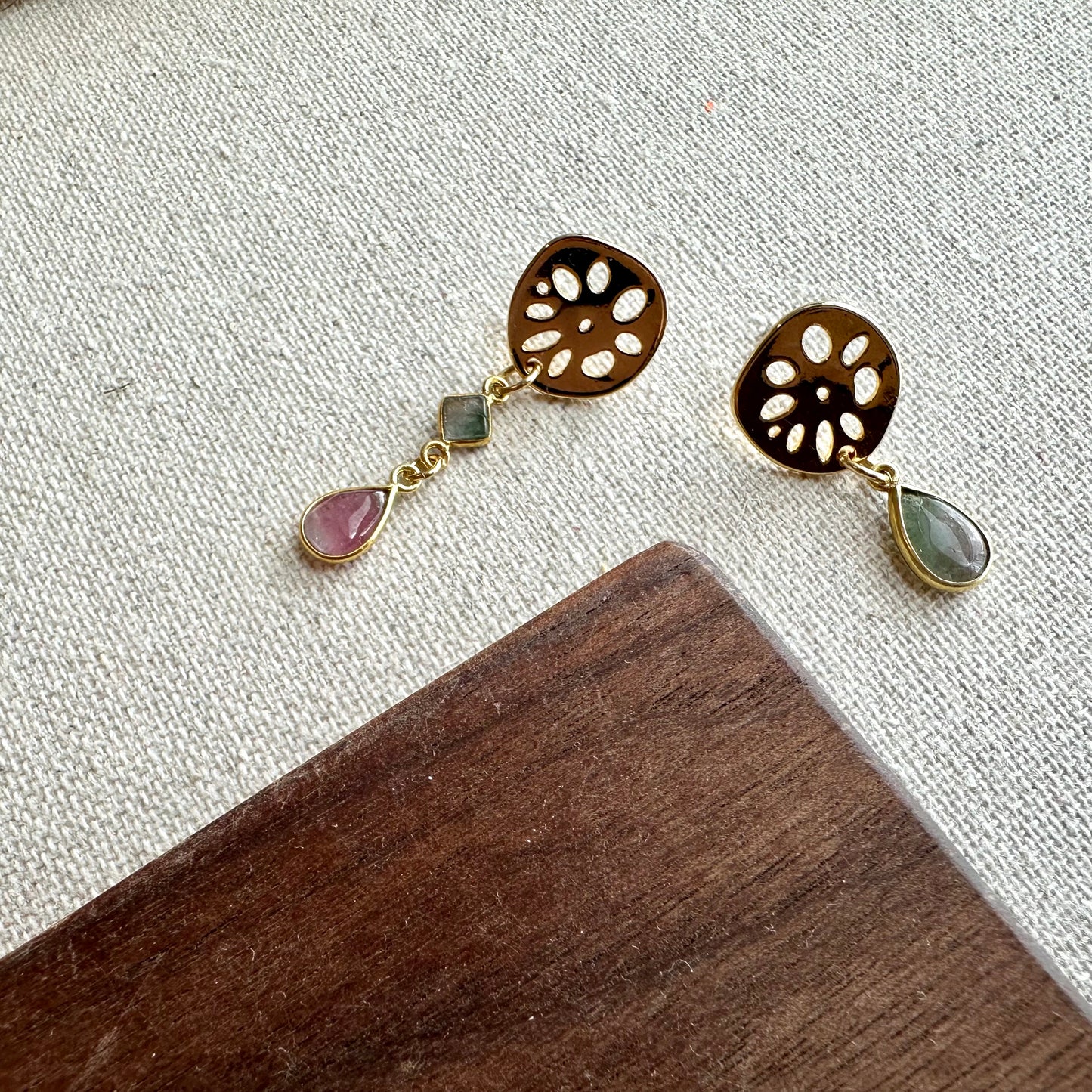 Watermelon Tourmaline Asymmetric Gold-plated Earring