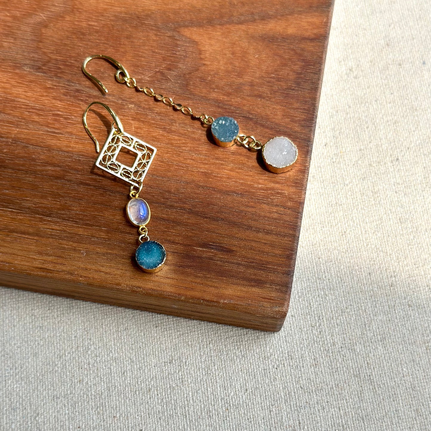 Druzy Stone And Moonstone Geometric Gold-plated Earring