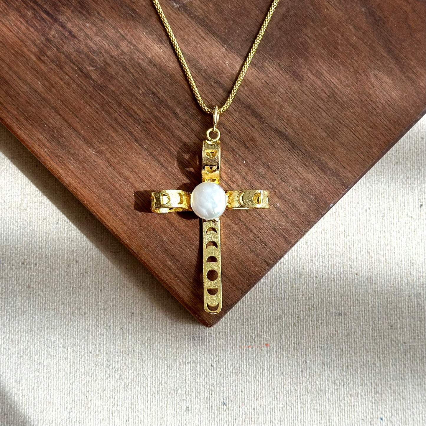 Freshwater Pearl Cross Pendant Rope Chain Long Gold-plated Necklace