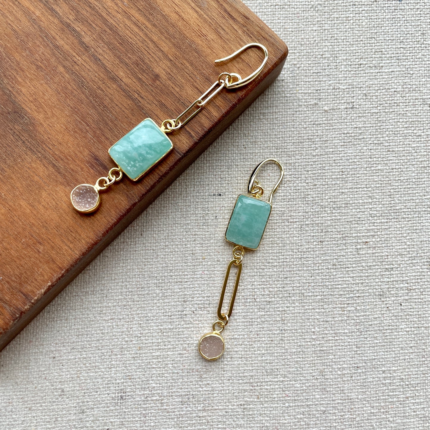 Amazonite And Druzy Stone Asymmetric Earring