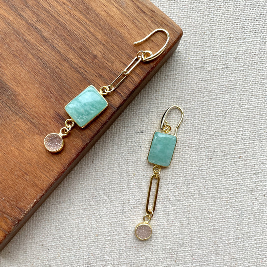 Amazonite And Druzy Stone Asymmetric Earring