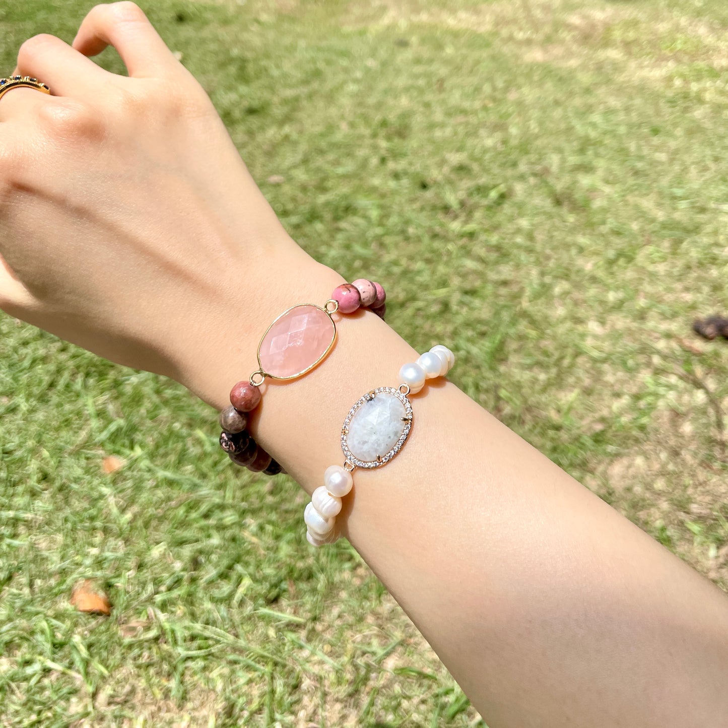 Rose Quartz And Rhodonite Beaded Bracelet