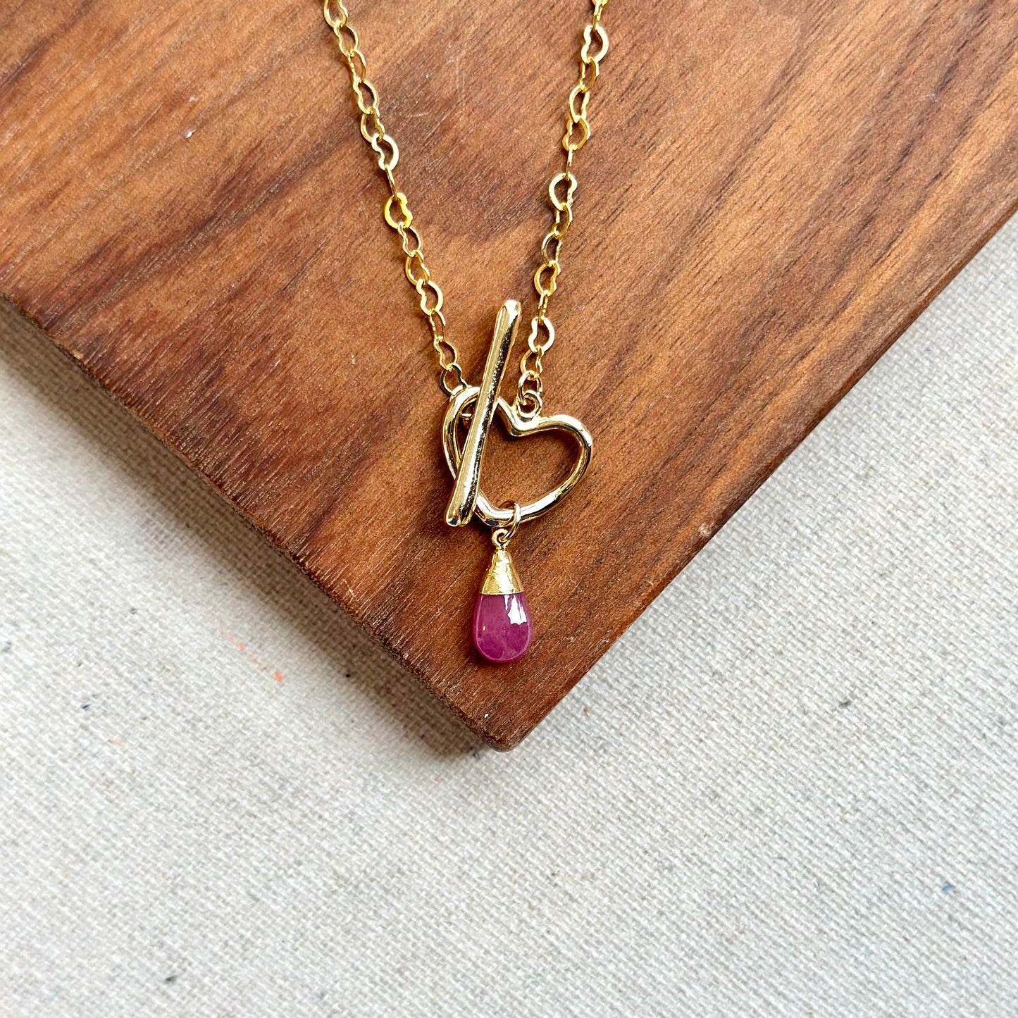 Pink Sapphire Heart Hoop Toggle Gold-plated Sterling Silver Necklace