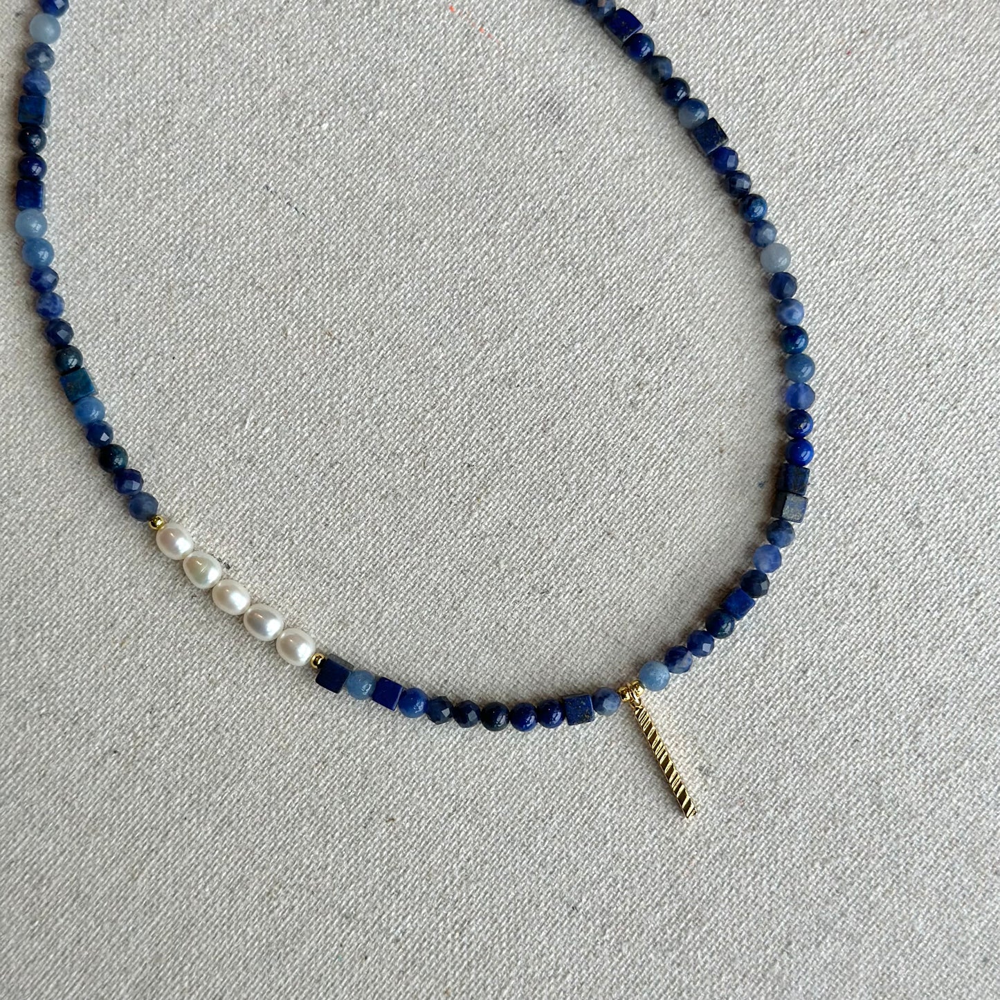 Mixed Shape Lapis And Sodalite  Beaded Asymmetric Choker Necklace