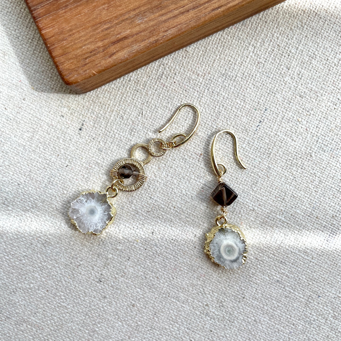 White Agate And Smoky Quartz 14k Gold-filled Wire Wrapping Earring