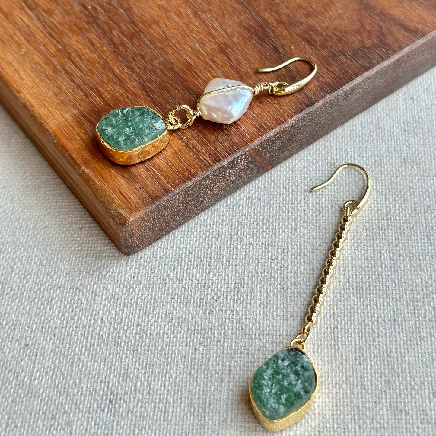 Aventurine And Baroque Pearls 14k Gold-filled Wire Wrapping Earring