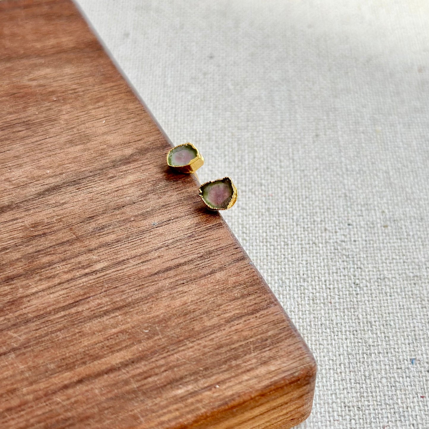 Watermelon Tourmaline Raw Stone Gold-plated Ear Stud