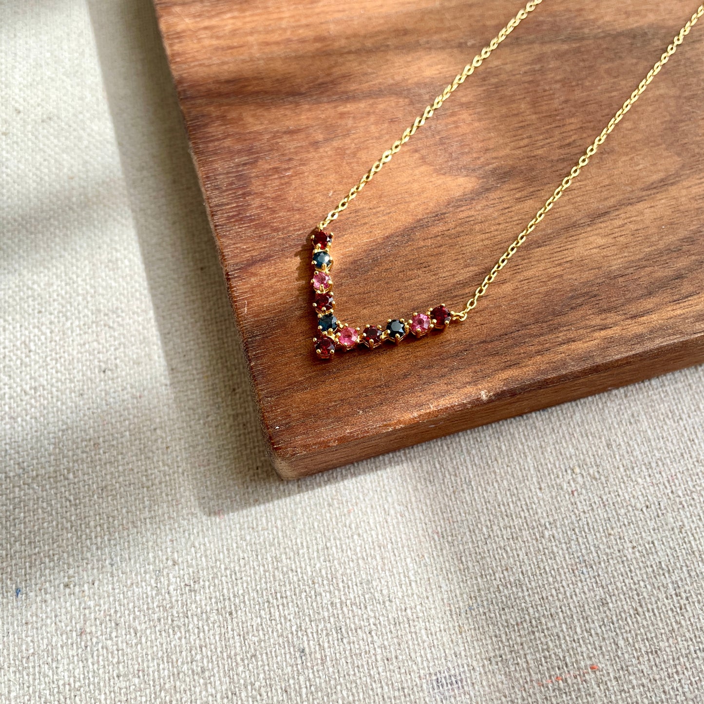 Sapphire Mixed With Garnet And Tourmaline V-shaped Gold-plated Necklace