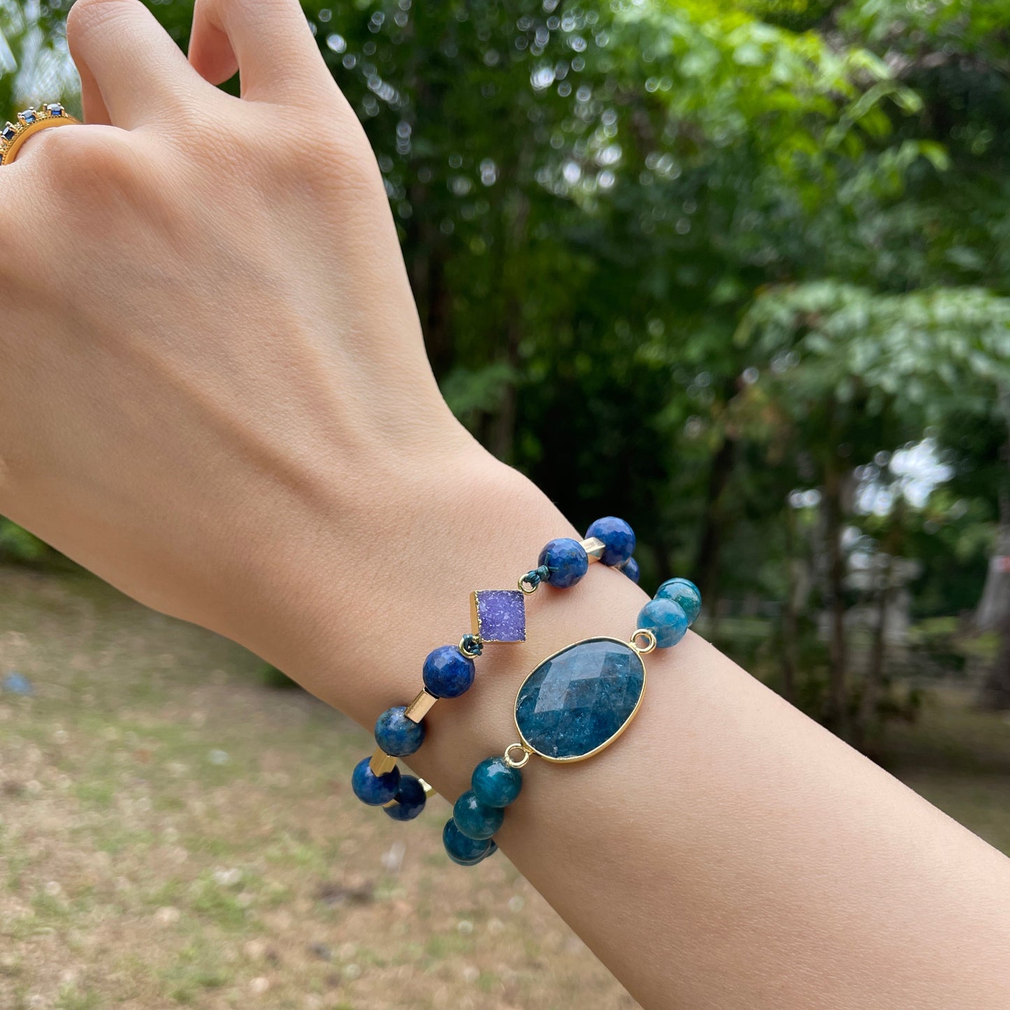 Druzy Stone And Lapis Beaded Bracelet