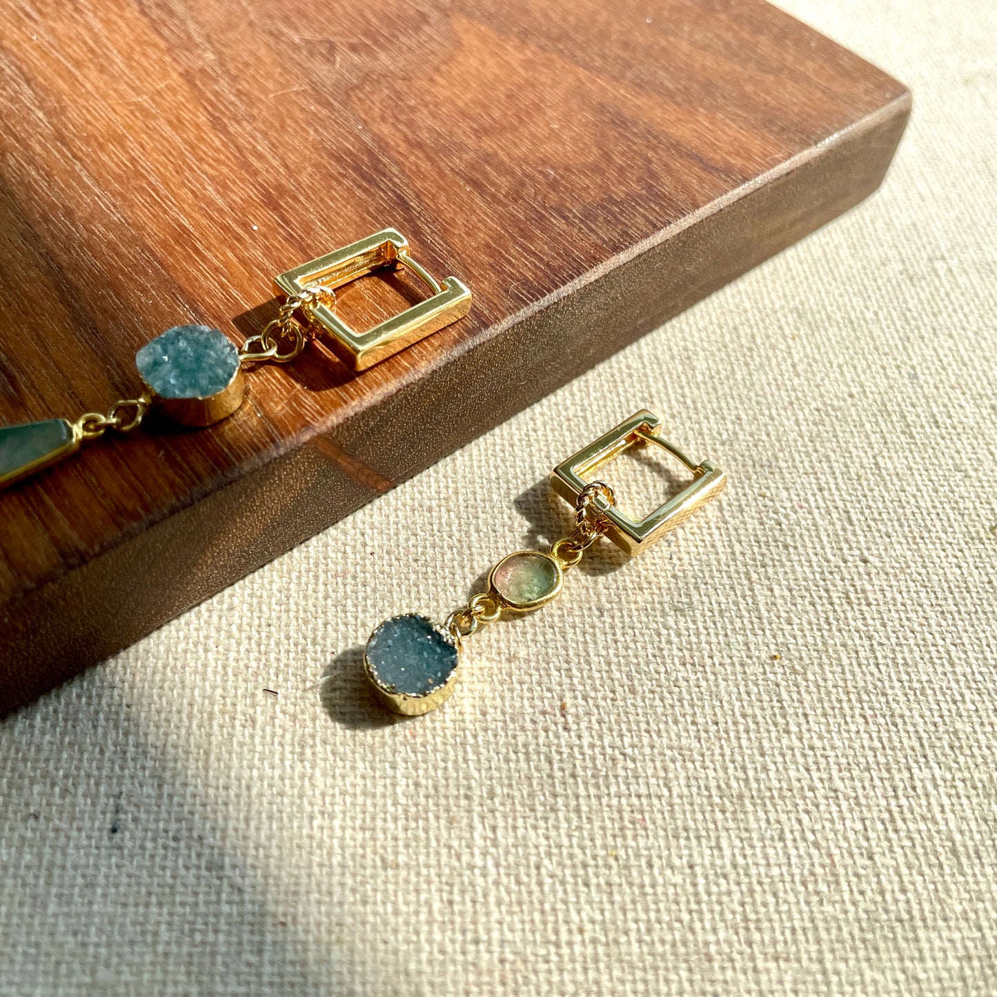 Watermelon Tourmaline And Druzy Stone Gold-plated Two-way Ear Hoop