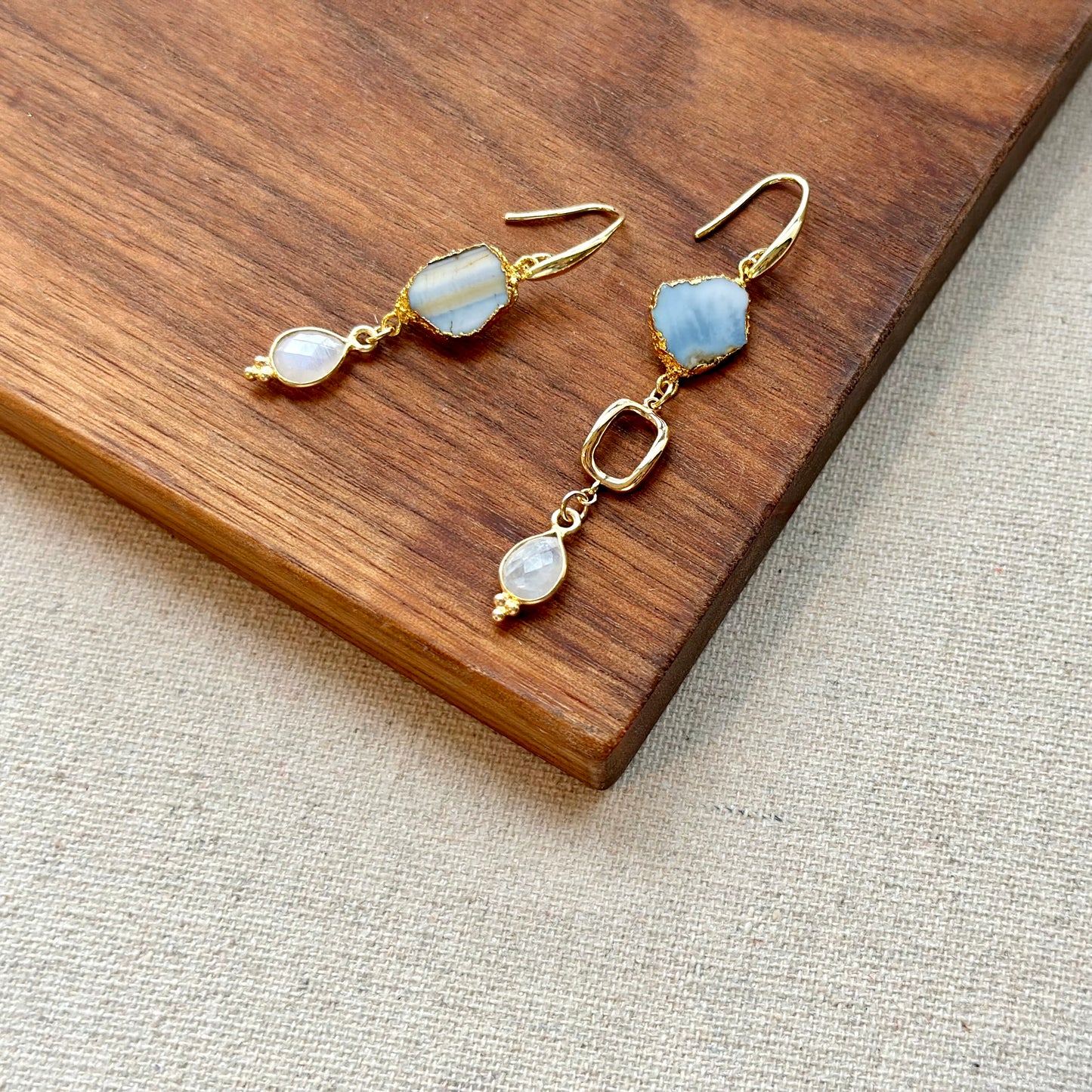 Blue Opal And Moonstone Asymmetric Gold-plated Earring