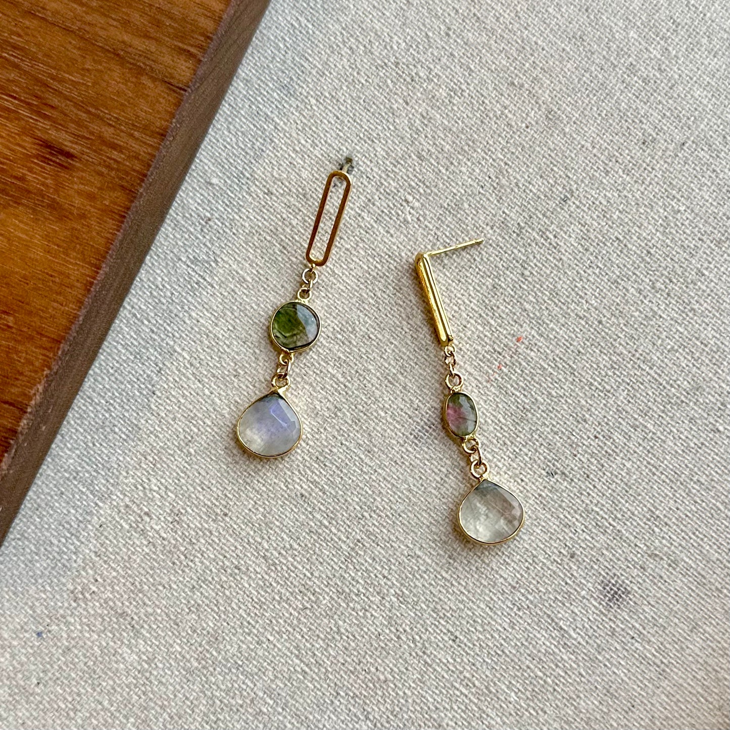 Watermelon Tourmaline And Moonstone Gold-plated Earring