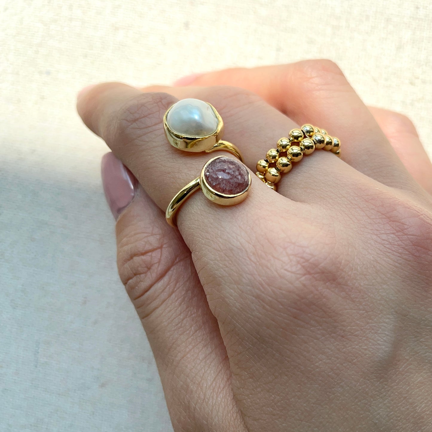 Strawberry Quartz And Freshwater Pearl Adjustable Gold-plated Ring