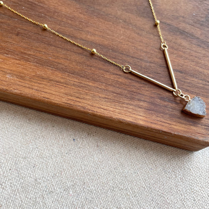 White Druzy Stone V-shaped Dotty Chain Gold-plated Necklace