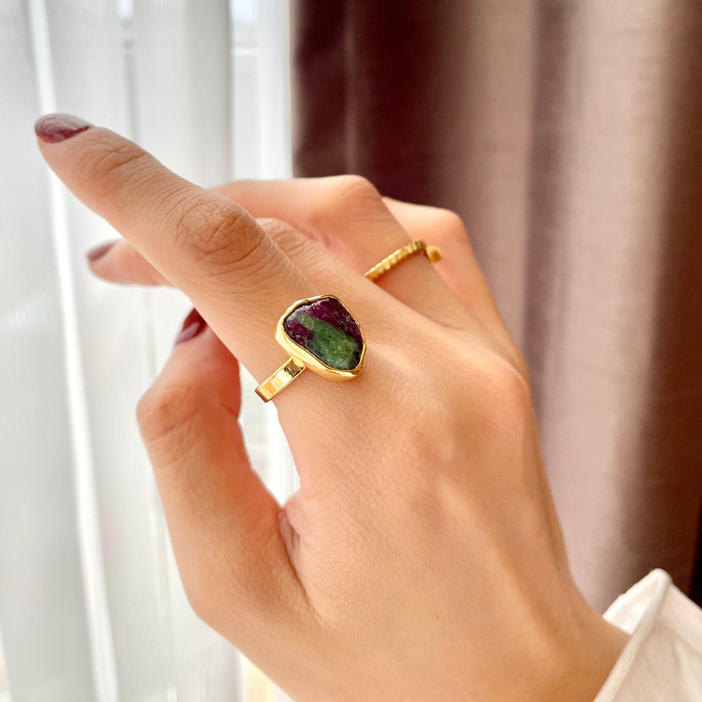 Ruby Zoisite Raw Stone Adjustable Gold-plated Ring