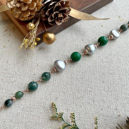 Agate And Moss Agate Beaded Rose Gold-plated Italian Sterling Silver Chain Necklace