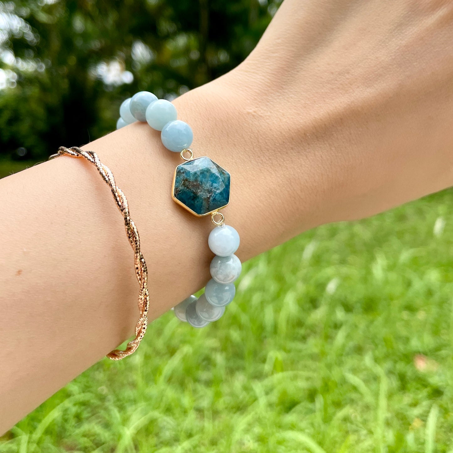 Apatite And Aquamarine Beaded Bracelet