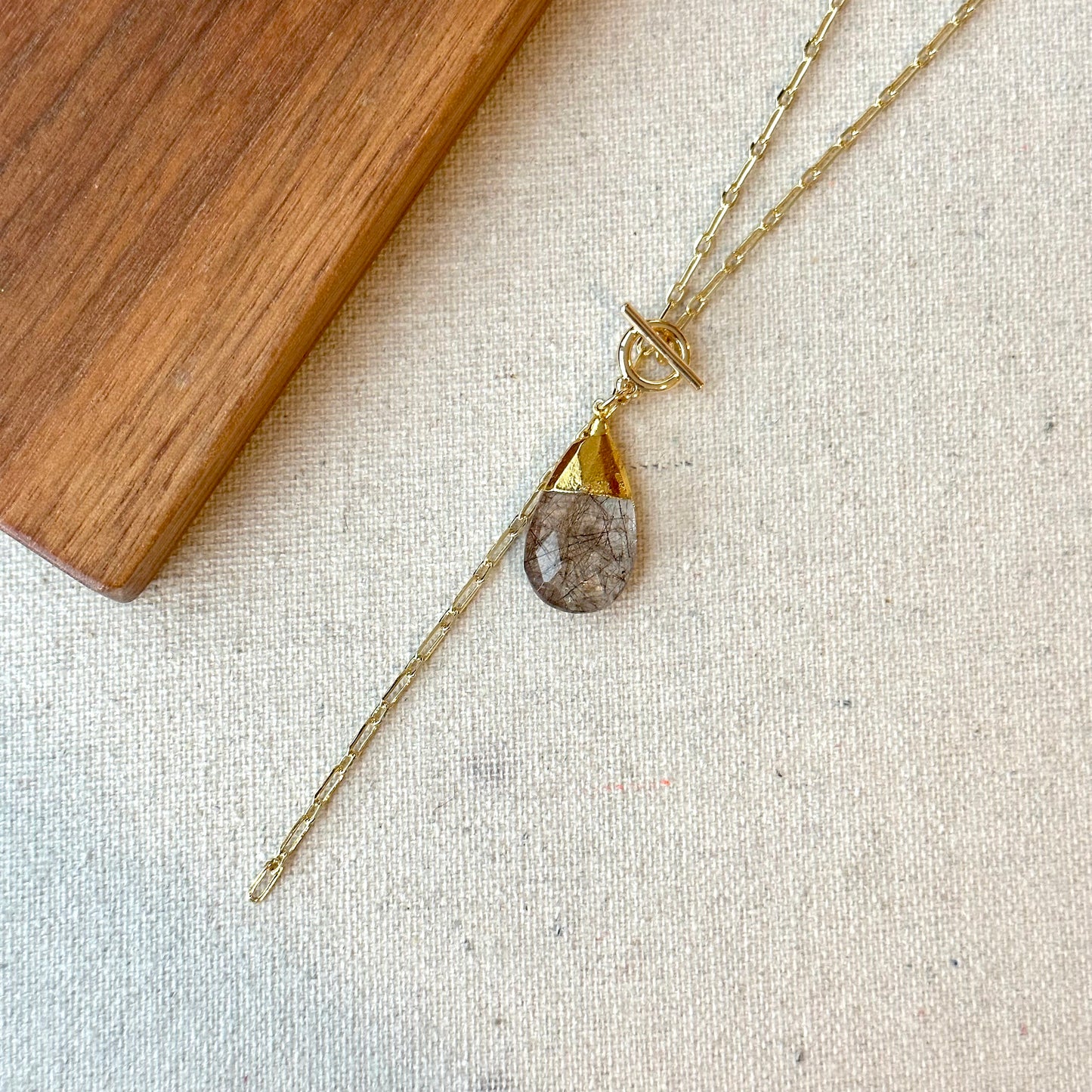 Copper Rutile Quartz Y-shaped Long Gold-plated Necklace