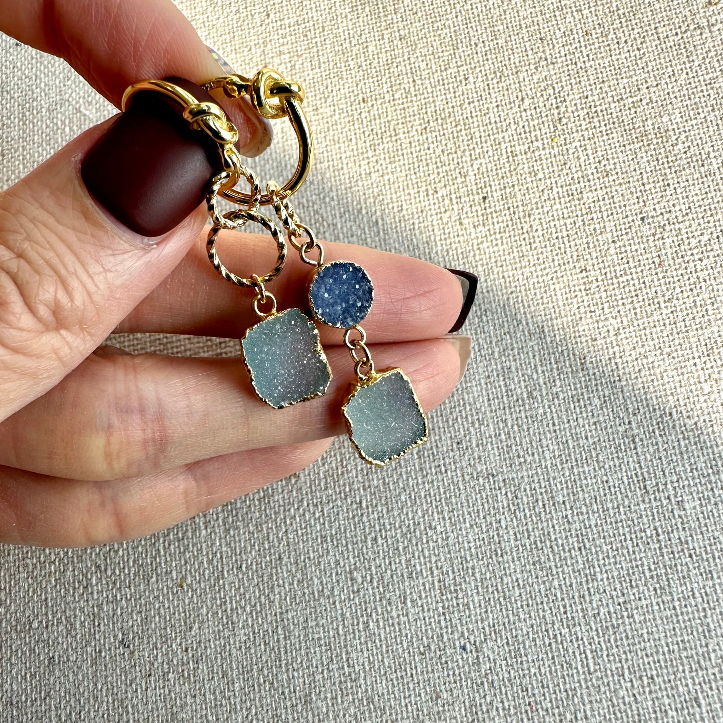 Blue Druzy Stone And Knots Gold-plated Two-way Ear Hoop