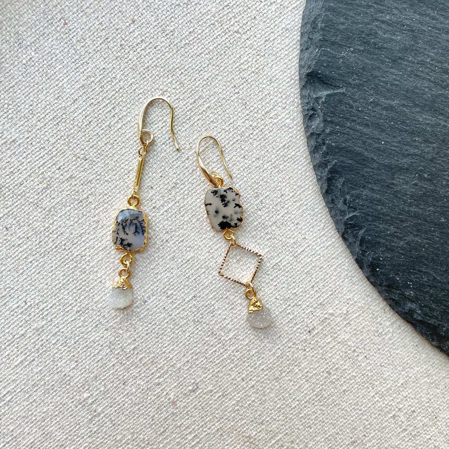 Dendritic Agate And Druzy Raw Stone Earring