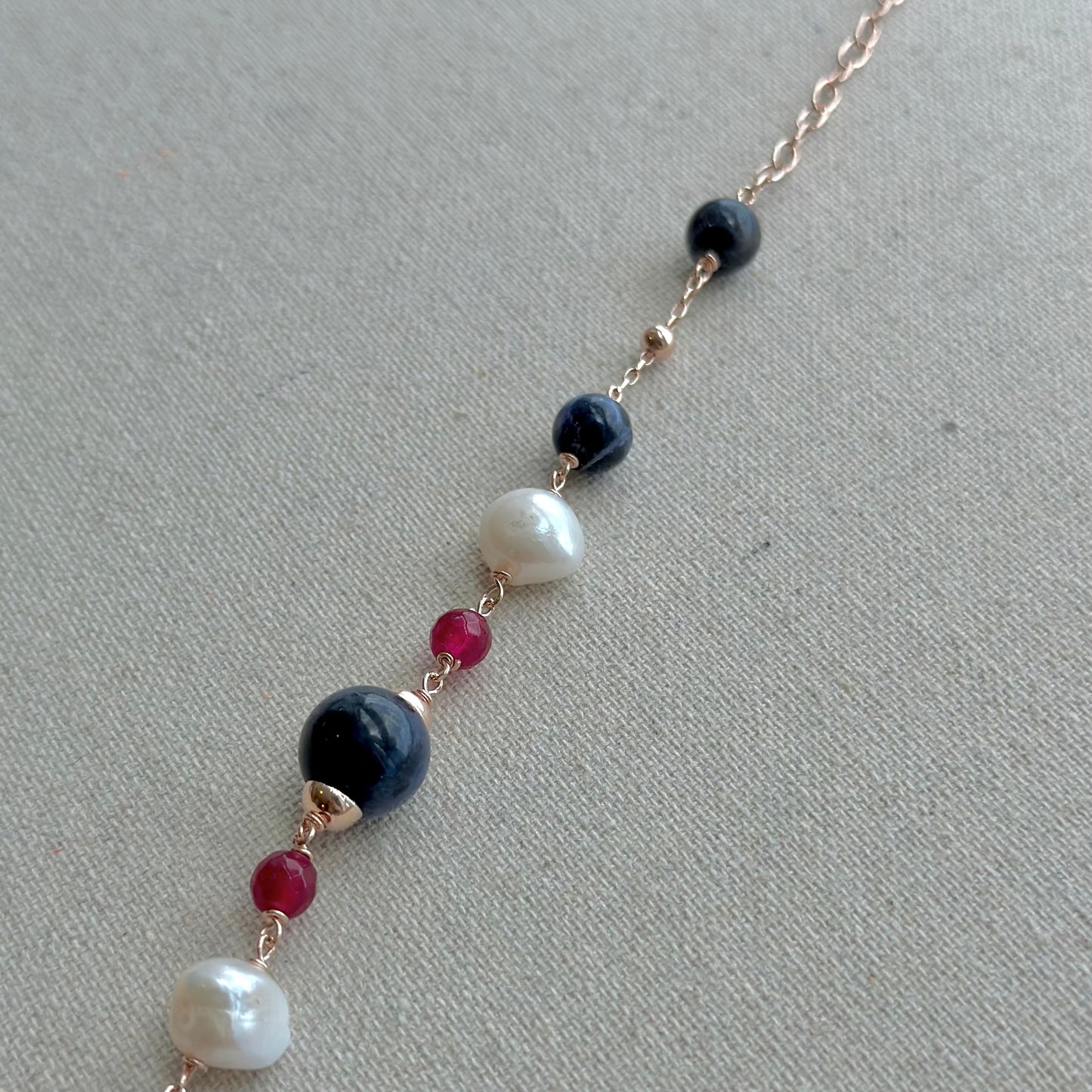 Sodalite Mixed Ruby And Freshwater Pearl Beaded Rose Gold-plated Italian Sterling Silver Necklace