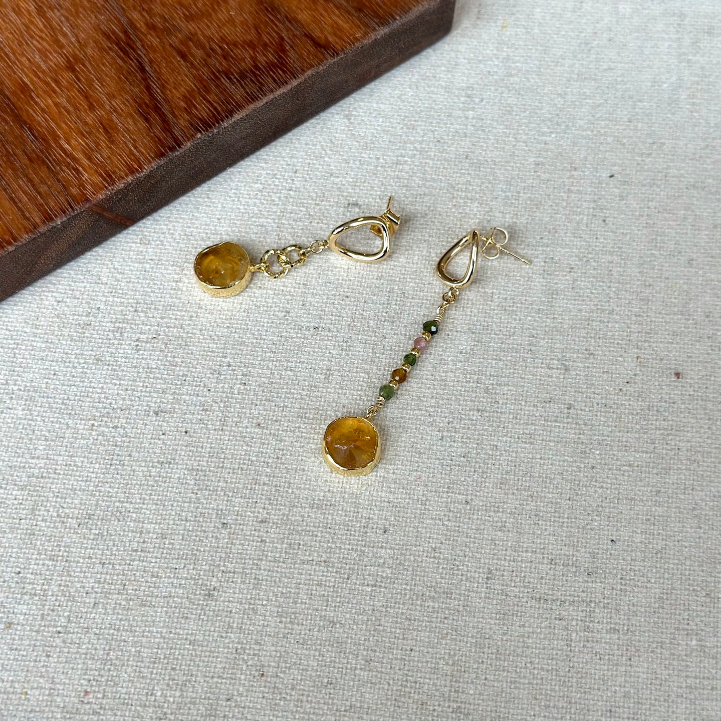 Citrine Raw Stone And Mixed Tourmaline Gold-plated Earring