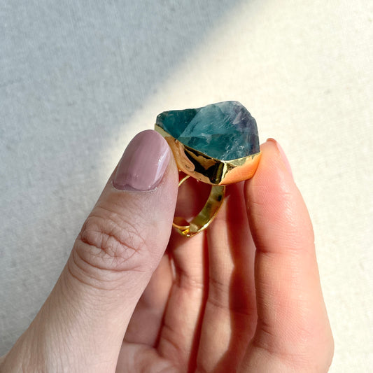 Oversized Raw Fluorite Adjustable Gold-plated Ring