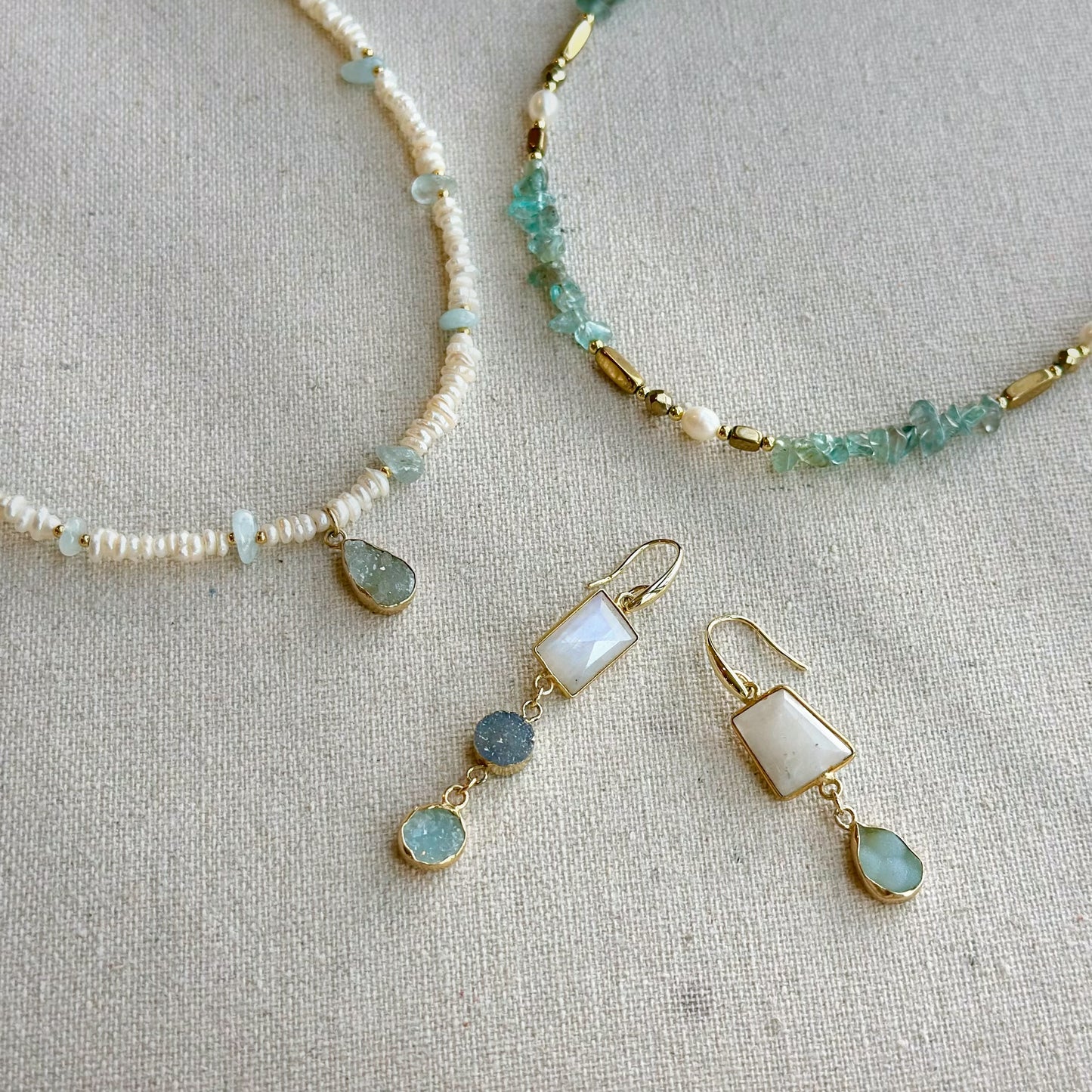 Druzy And Baroque Pearls Mixed Aquamarine Beaded Necklace