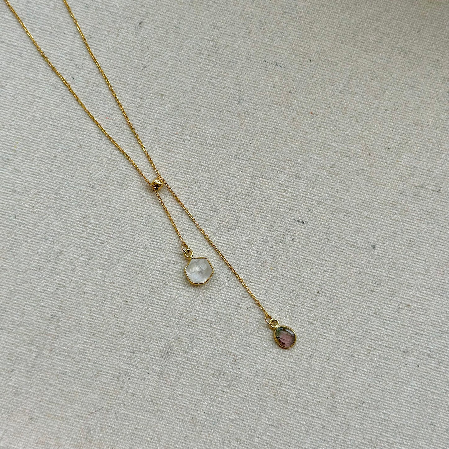 Watermelon Tourmaline And Moonstone Y-shaped Gold-plated Sterling Silver Necklace