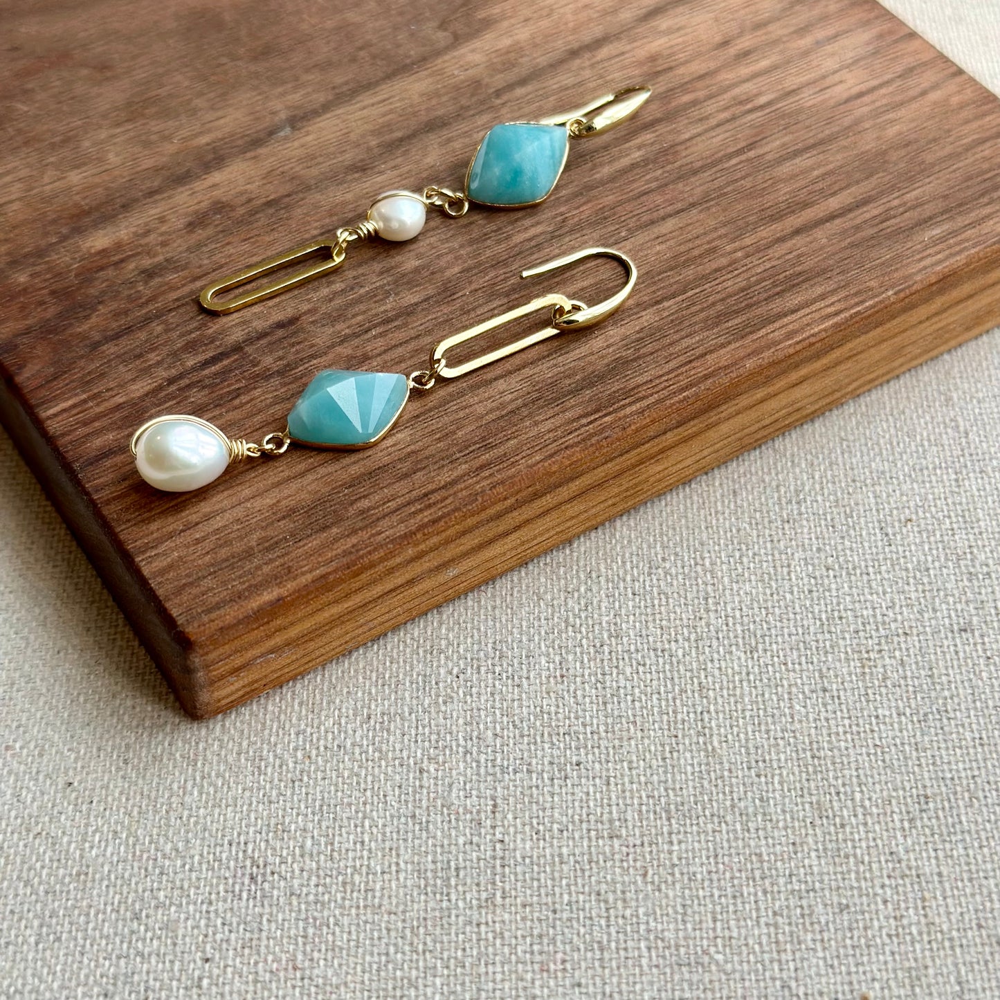 Amazonite And Freshwater Pearl Asymmetric Dangling Gold-plated Earring