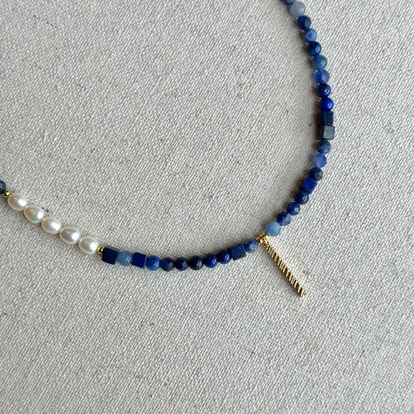 Mixed Shape Lapis And Sodalite  Beaded Asymmetric Choker Necklace