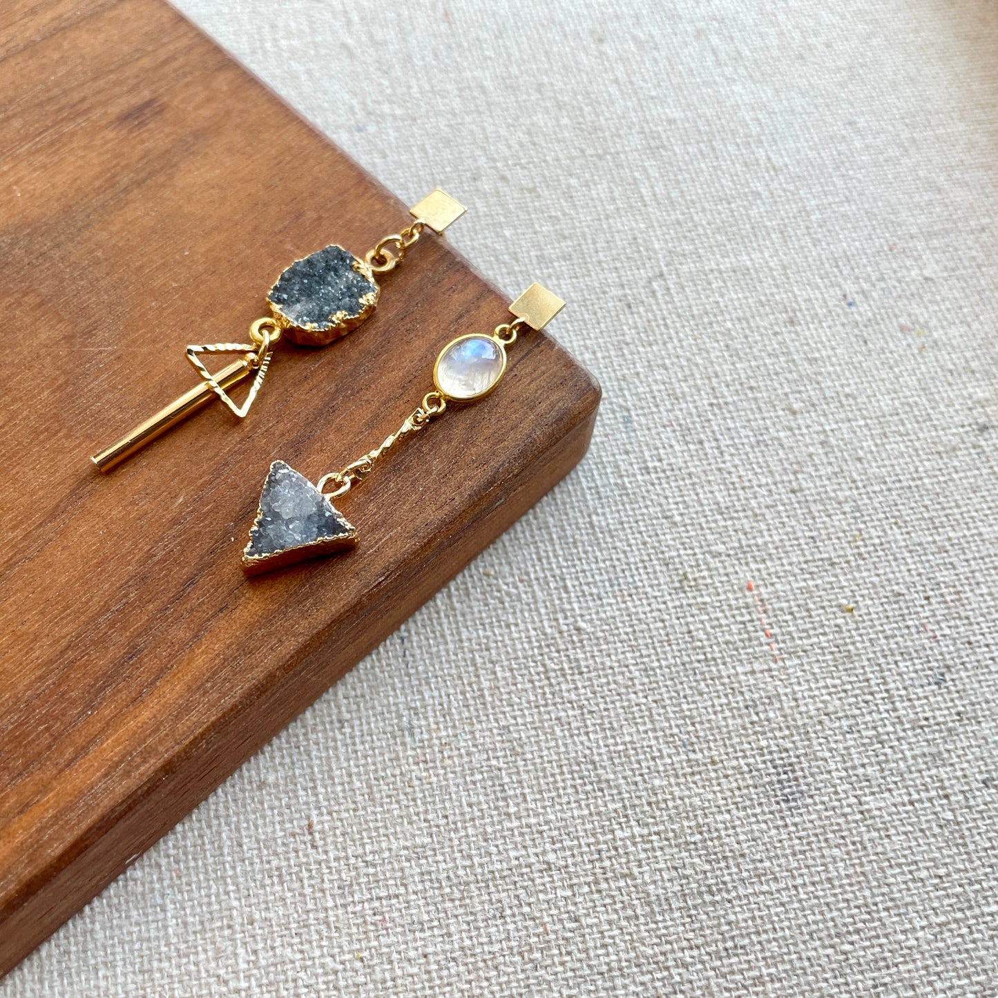 Moonstone And Druzy Stones 14k Gold-filled Stud Earring