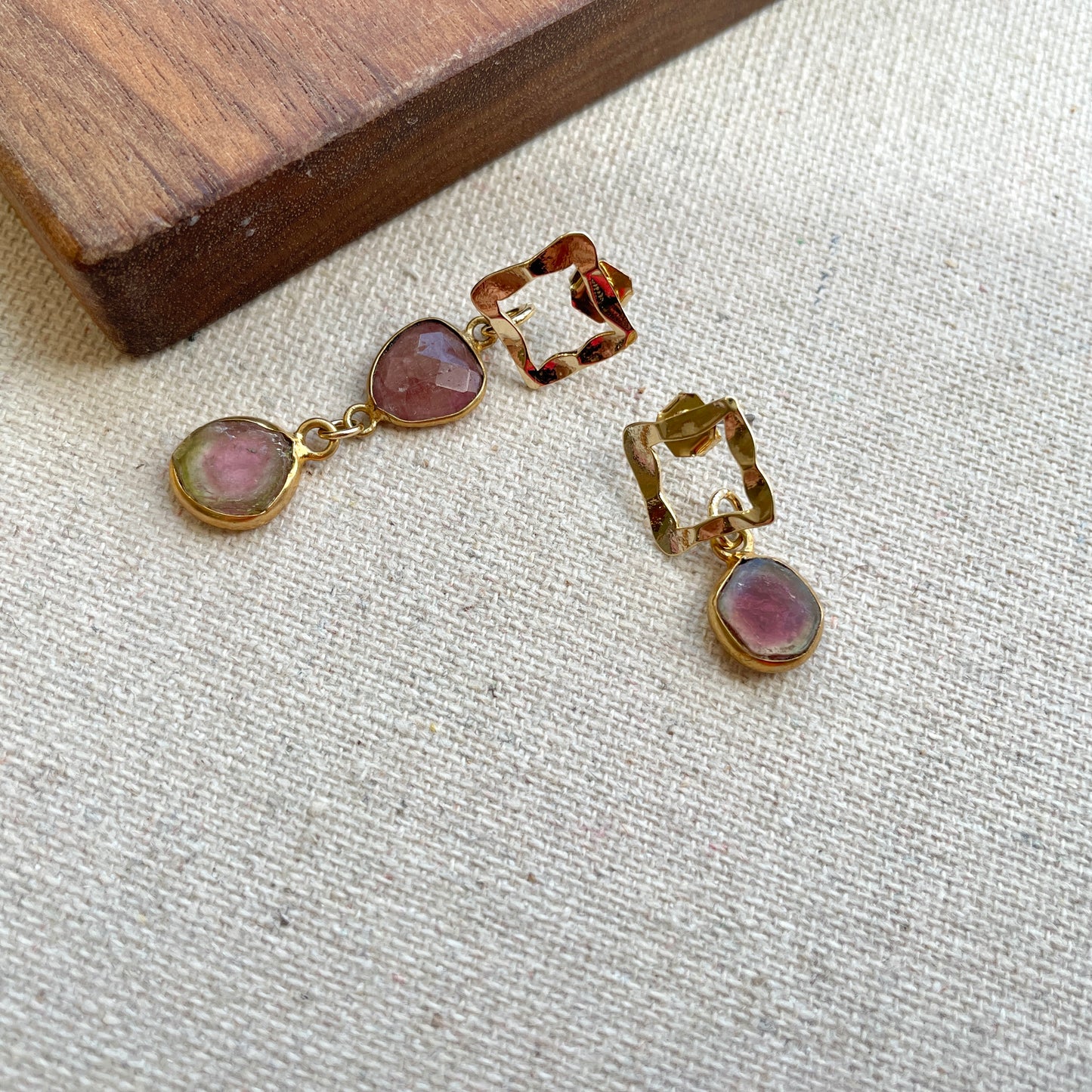 Watermelon Tourmaline Slice Gold-plated Earring