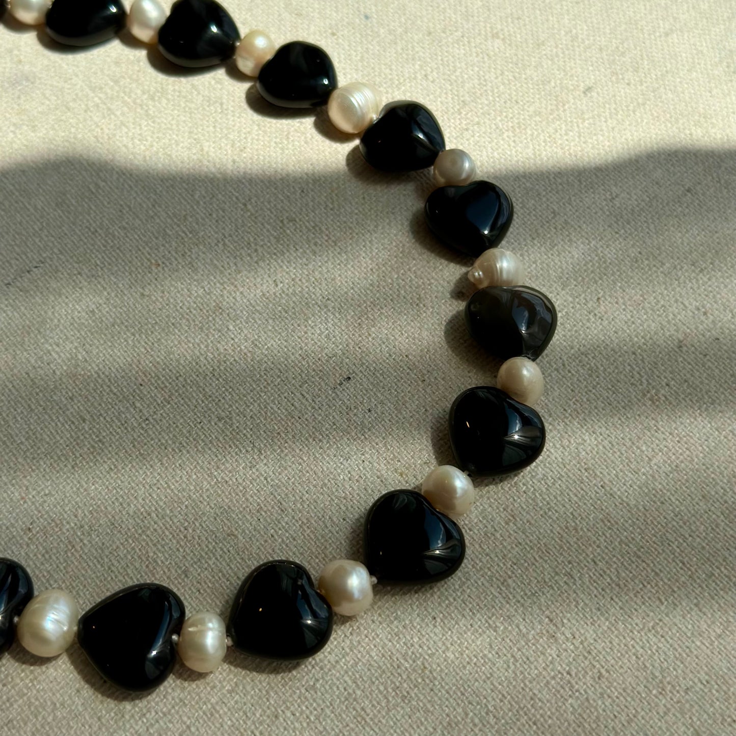 Black Onyx Heart And Freshwater Pearl Beaded Necklace