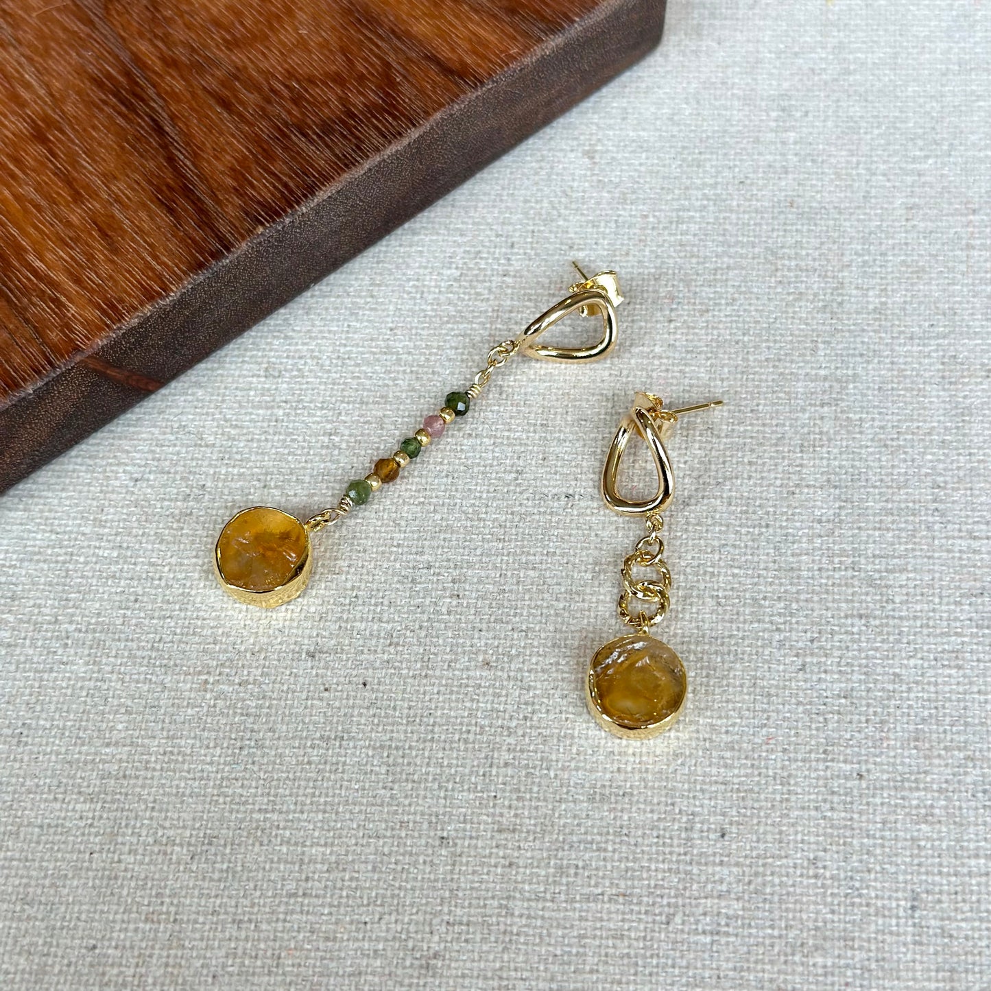 Citrine Raw Stone And Mixed Tourmaline Gold-plated Earring