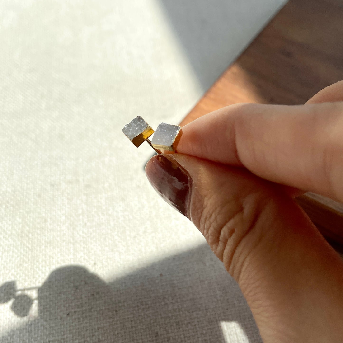 Square-shaped White Druzy Stone Two-way Gold-plated Earring