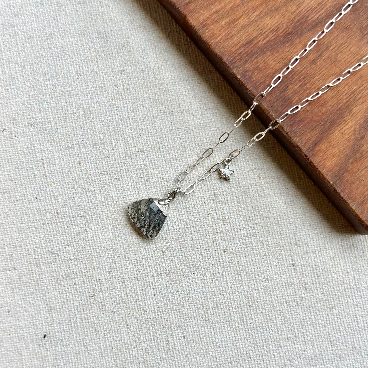 Black Rutile Quartz And Star Sterling Silver Necklace