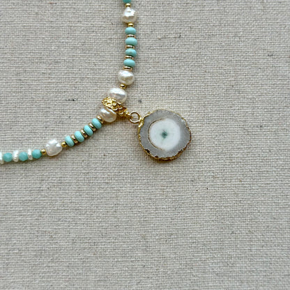 Agate Pendant Mixed Turquoise And Amazonite Beaded Choker Necklace