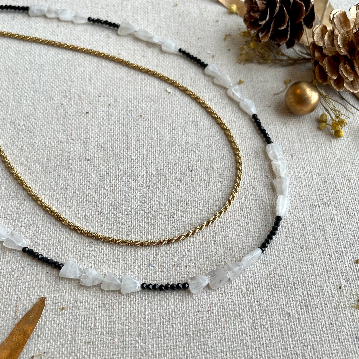 Moonstone And Black Spinel Beaded Chain Necklace