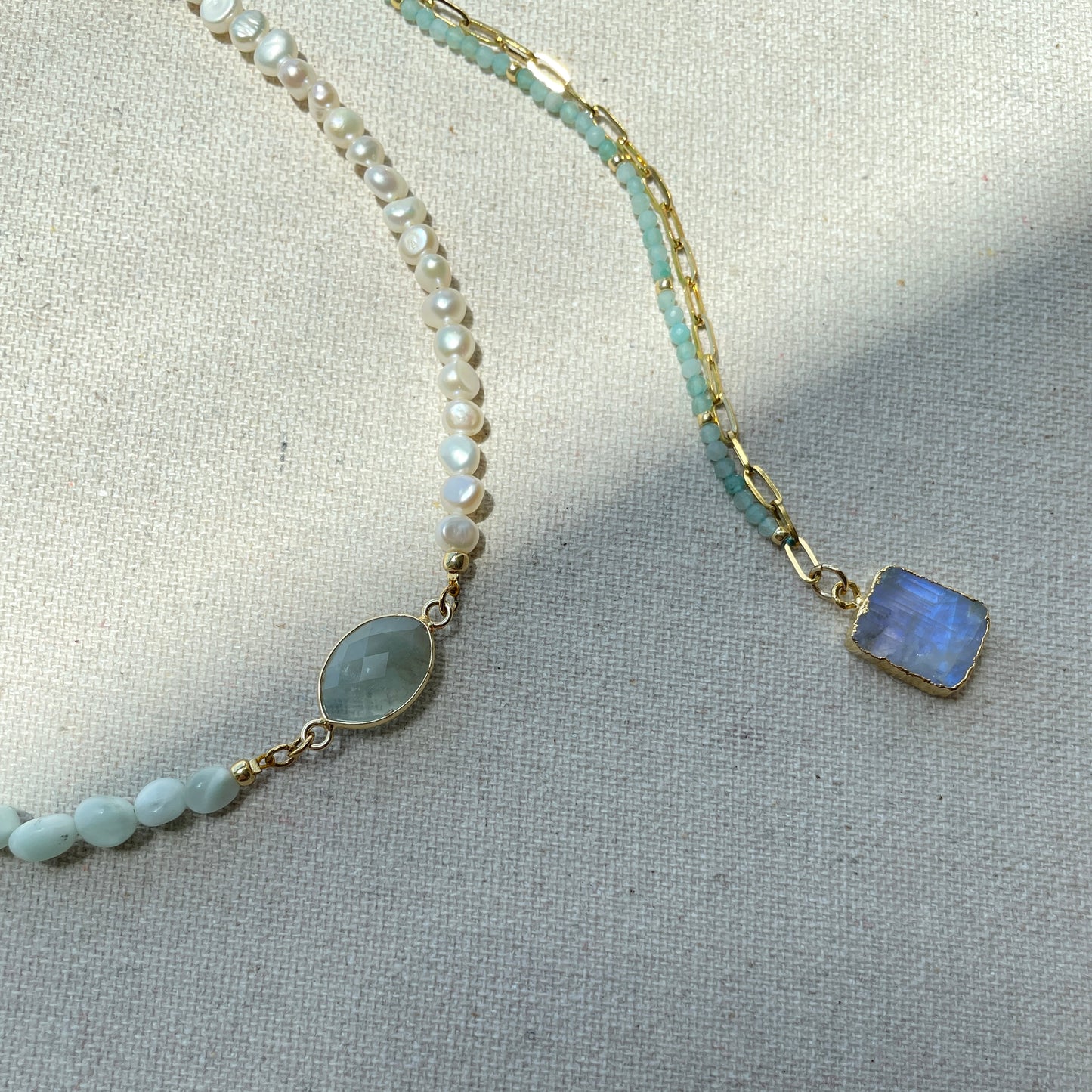 Moonstone And Amazonite Beaded Mixed Chain Necklace