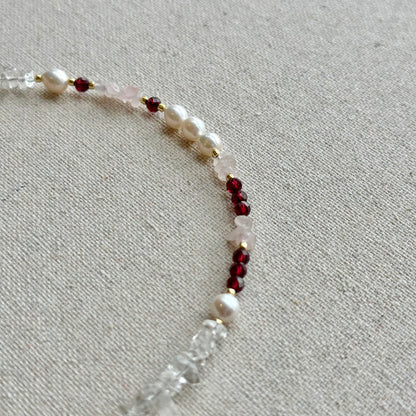 Garnet And Rose Quartz Beaded Asymmetric Choker Necklace