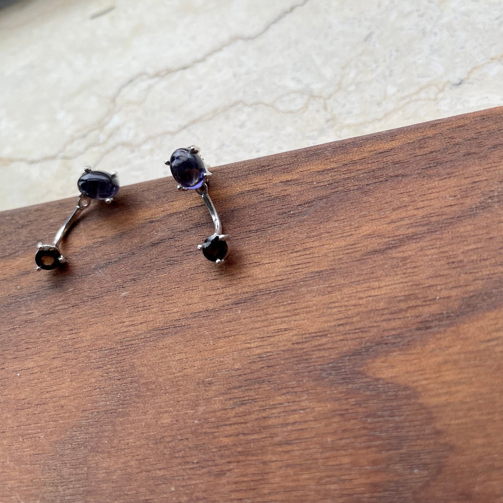 Iolite Silver And Smoky Quartz Prong Setting Two-way Ear Stud