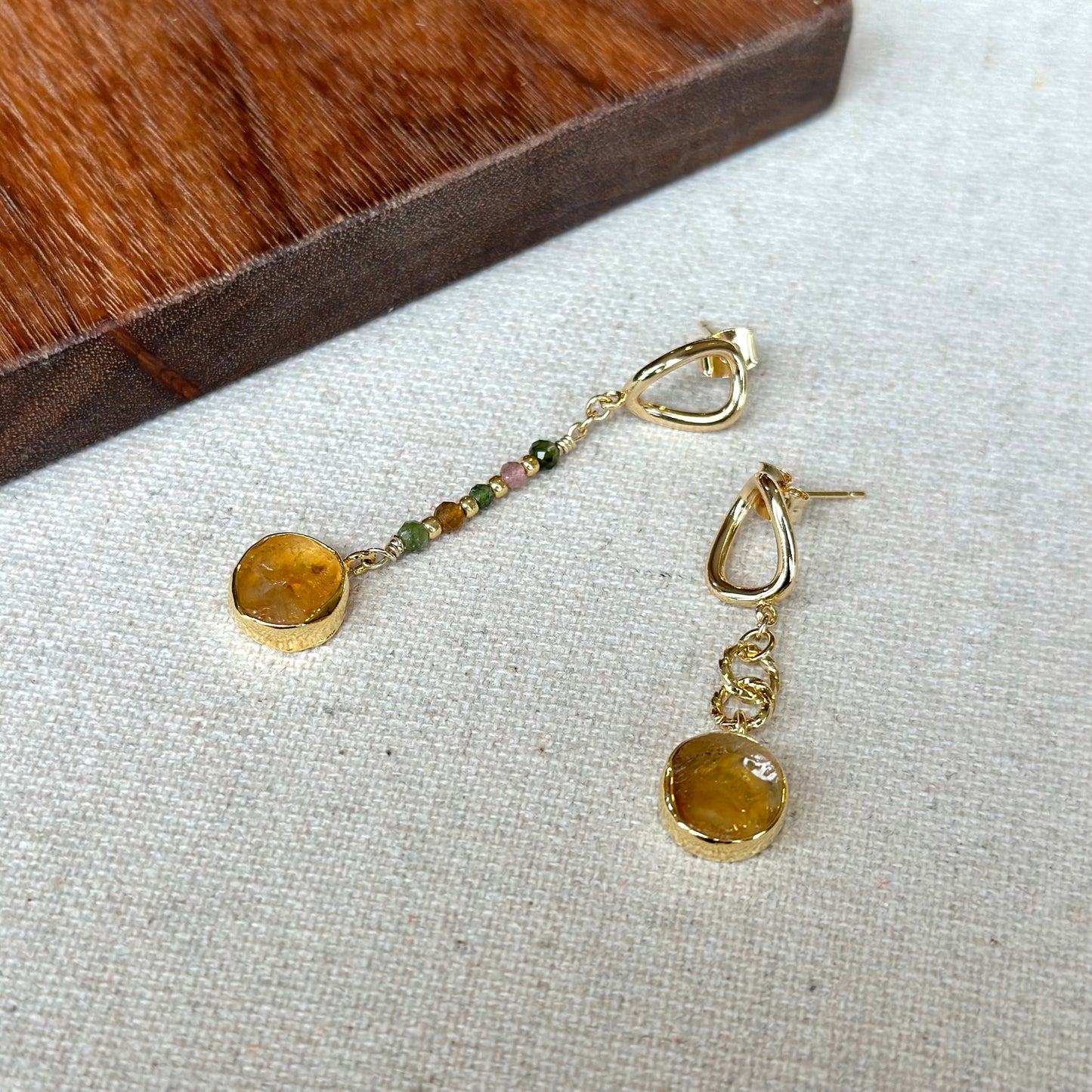 Citrine Raw Stone And Mixed Tourmaline Gold-plated Earring