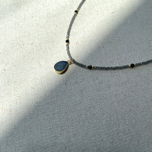 Druzy Stone And Black Spinel Beaded Necklace