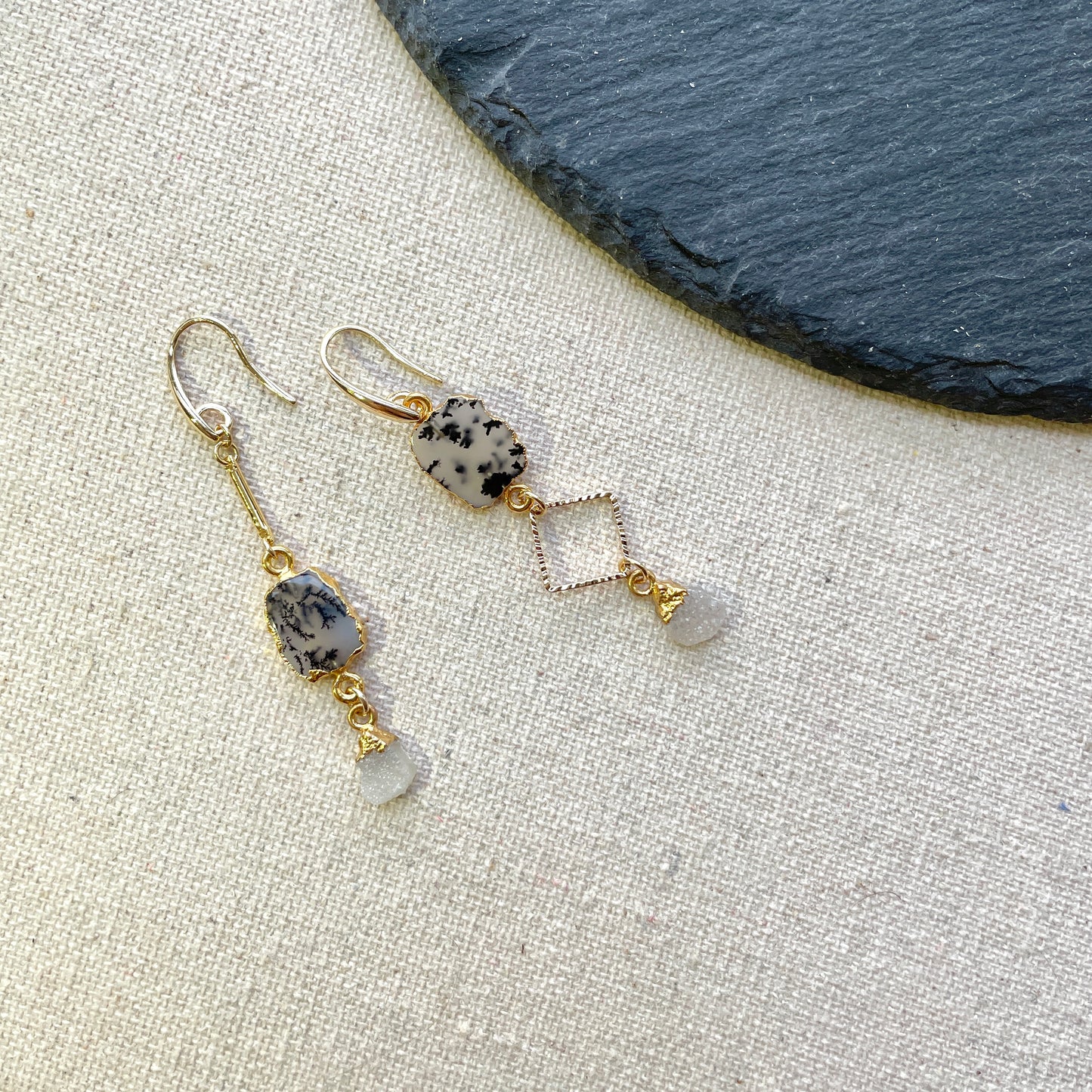 Dendritic Agate And Druzy Raw Stone Earring