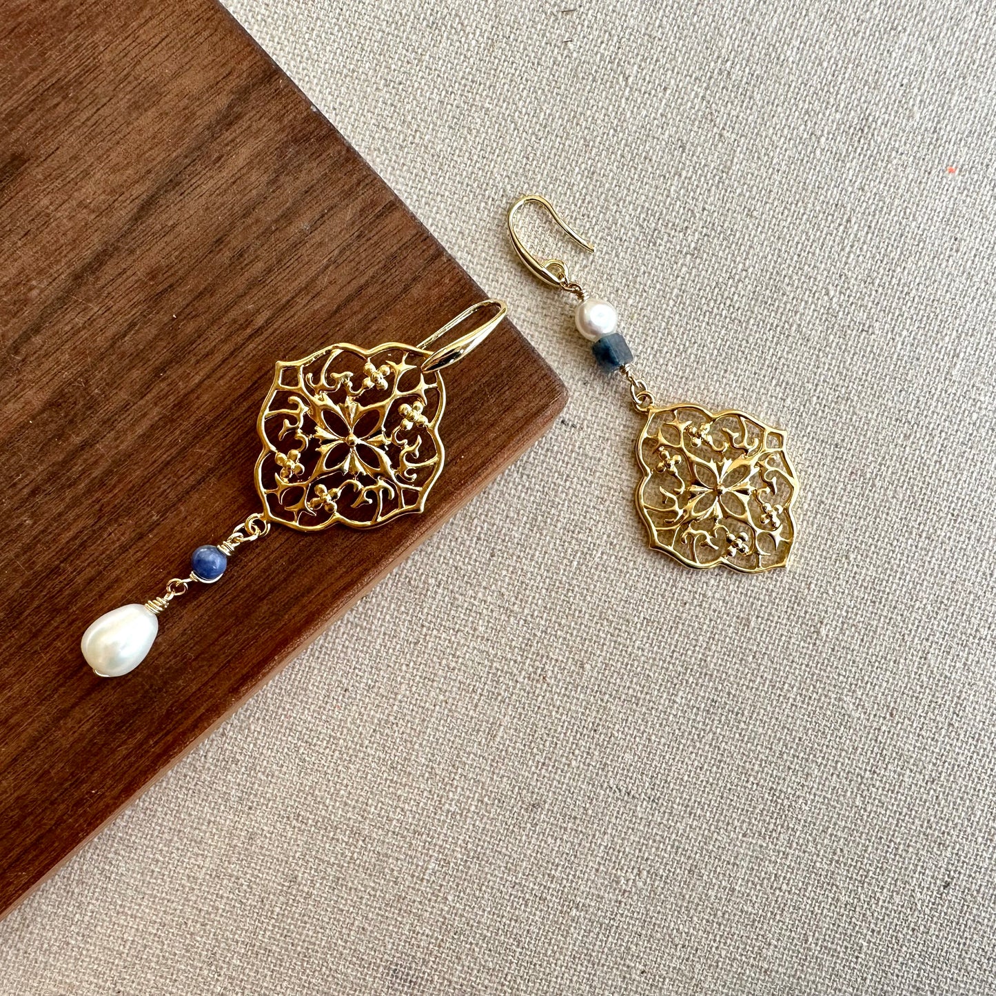 Oriental Floral Freshwater Pearl And Sodalite Gold-plated Earring