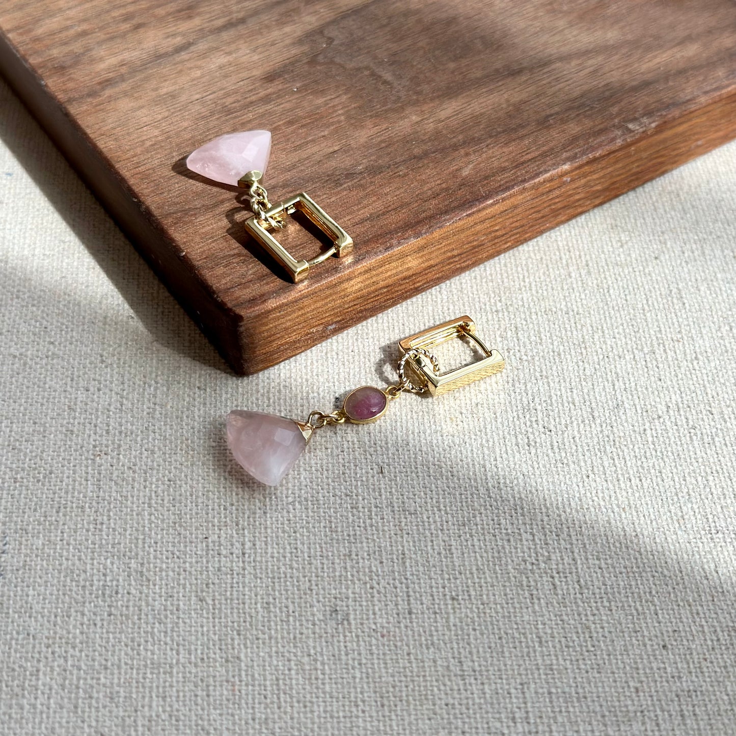 Rose Quartz And Watermelon Tourmalime Gold-plated Two-way Ear Hoop