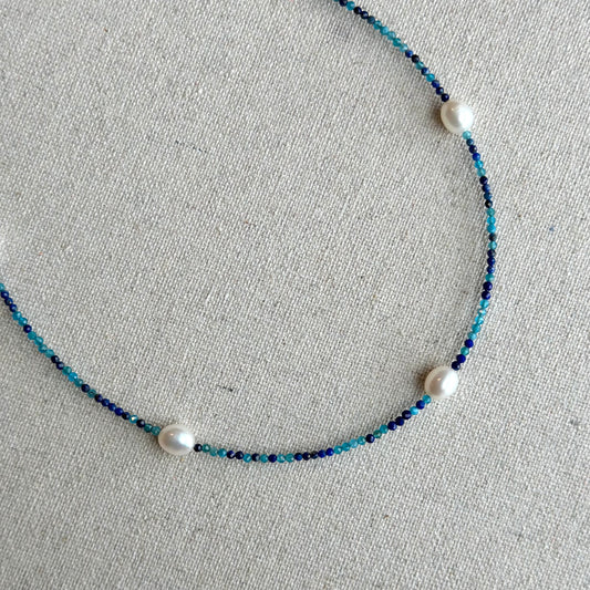 Apatite Lapis Mixed Freshwater Pearl Beaded Choker Necklace